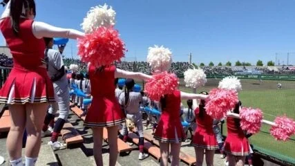 野球場で応援するチアリーディング部の学生たち